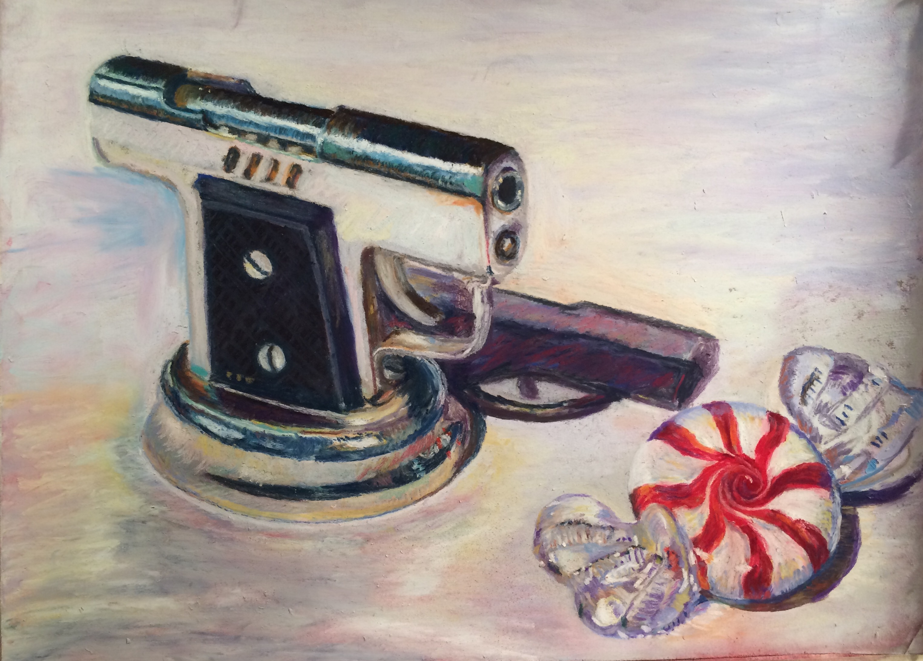 “Study for American Still Life: Occupied Japan Lighter, Glass Peppermint”, pastel, 9″ x 12″, 2016, Copyright Hilary Zaloom